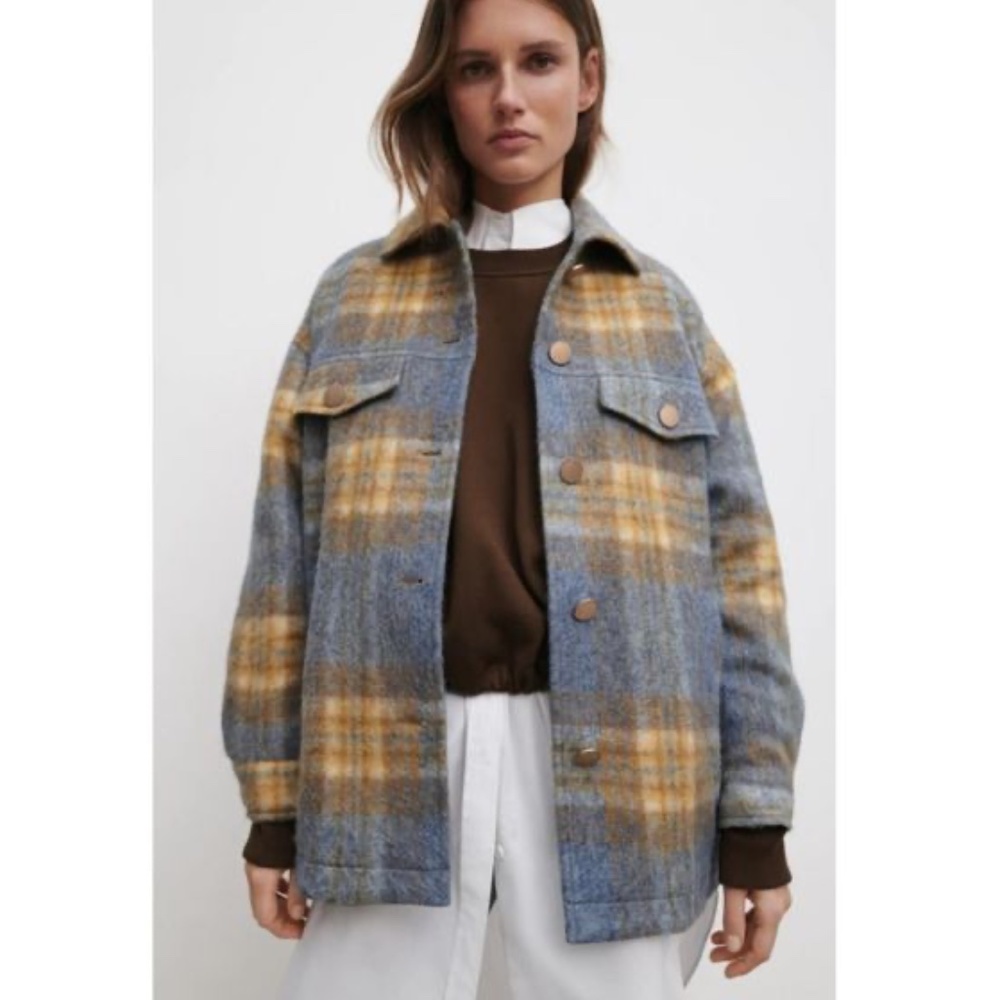 Zara | Oversized Blue & Tan Shacket Overshirt Jacket Small